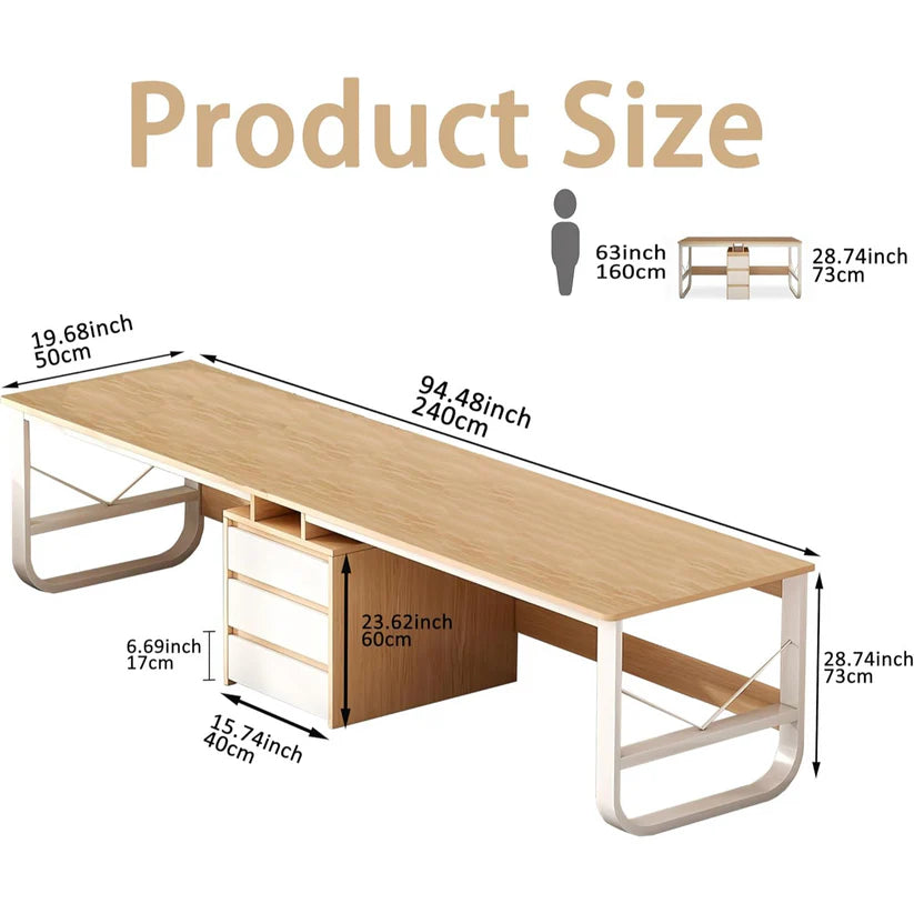 95" Two-Person Office Desk with 3 File Drawers, Large Dual PC Table with Adjustable Feet, Industrial Wood Design for Home Office – Natural Finish"