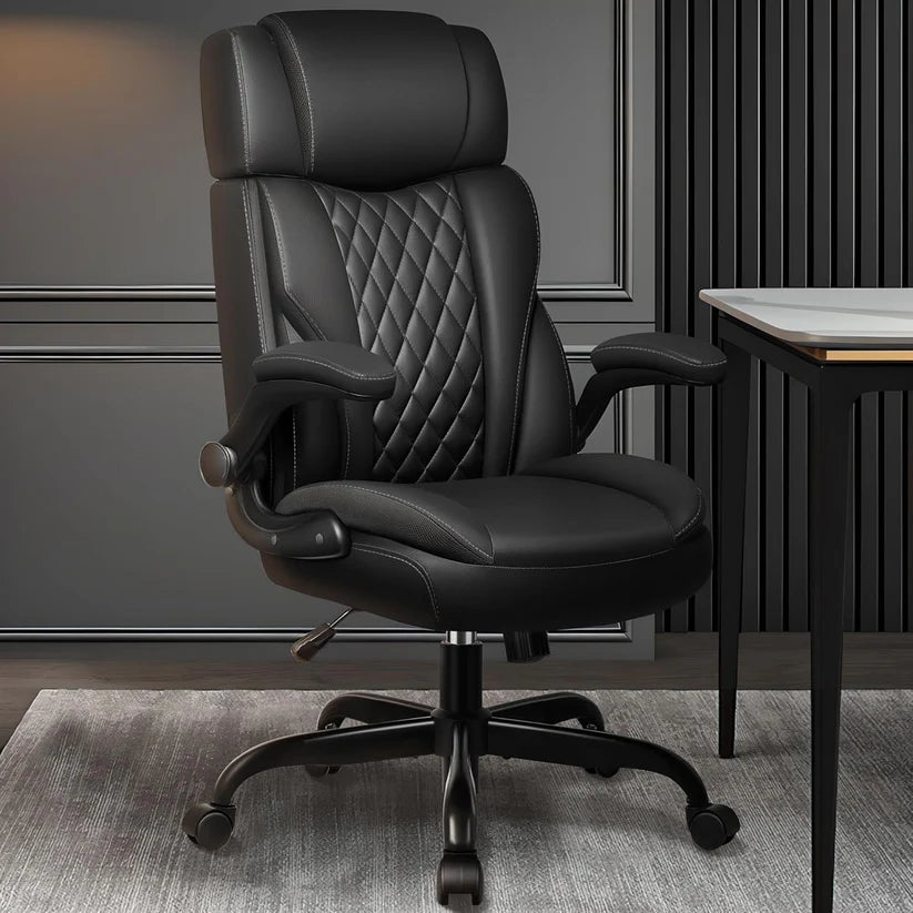 Executive Ergonomic Office Chair with Flip-Up Arms, Adjustable Headrest, Lumbar Support, and Rocking Function – Leather Desk Chair for Home or Office