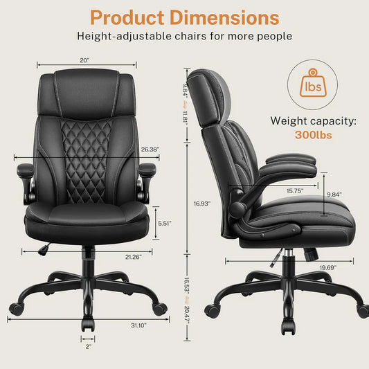 Executive Ergonomic Office Chair with Flip-Up Arms, Adjustable Headrest, Lumbar Support, and Rocking Function – Leather Desk Chair for Home or Office