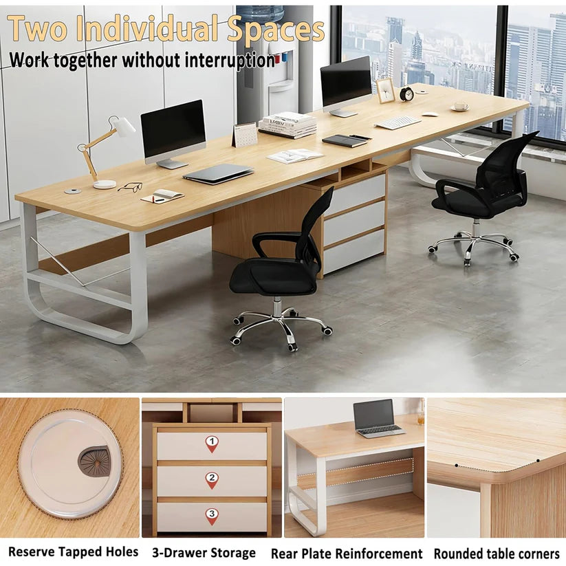 95" Two-Person Office Desk with 3 File Drawers, Large Dual PC Table with Adjustable Feet, Industrial Wood Design for Home Office – Natural Finish"