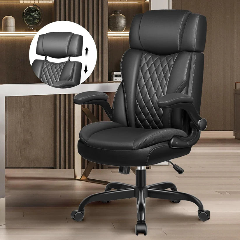 Executive Ergonomic Office Chair with Flip-Up Arms, Adjustable Headrest, Lumbar Support, and Rocking Function – Leather Desk Chair for Home or Office